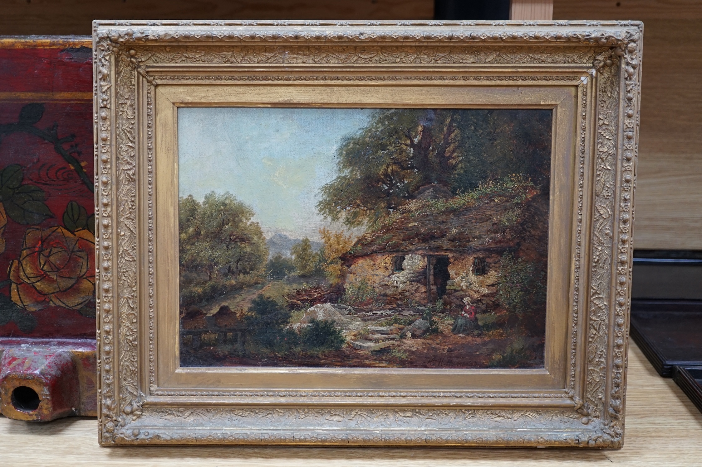 Edward Henry Holder (1847-1922), oil on board, Scottish crofter’s homestead, signed and dated 1868, 24 x 34cm, ornate gilt frame. Condition - fair
